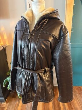 Wilsons Leather dark brown Hooded Belted Leather Jacket with Cream Shearling